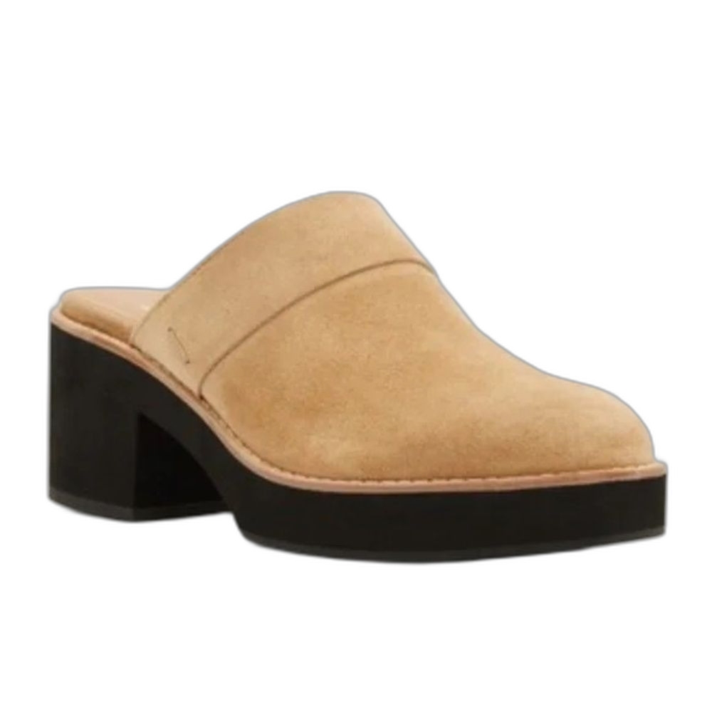 Eileen Fisher Block Heel Mule Clog 9.5 Suede Closed Toe Minimalist Boho Tan Hiya